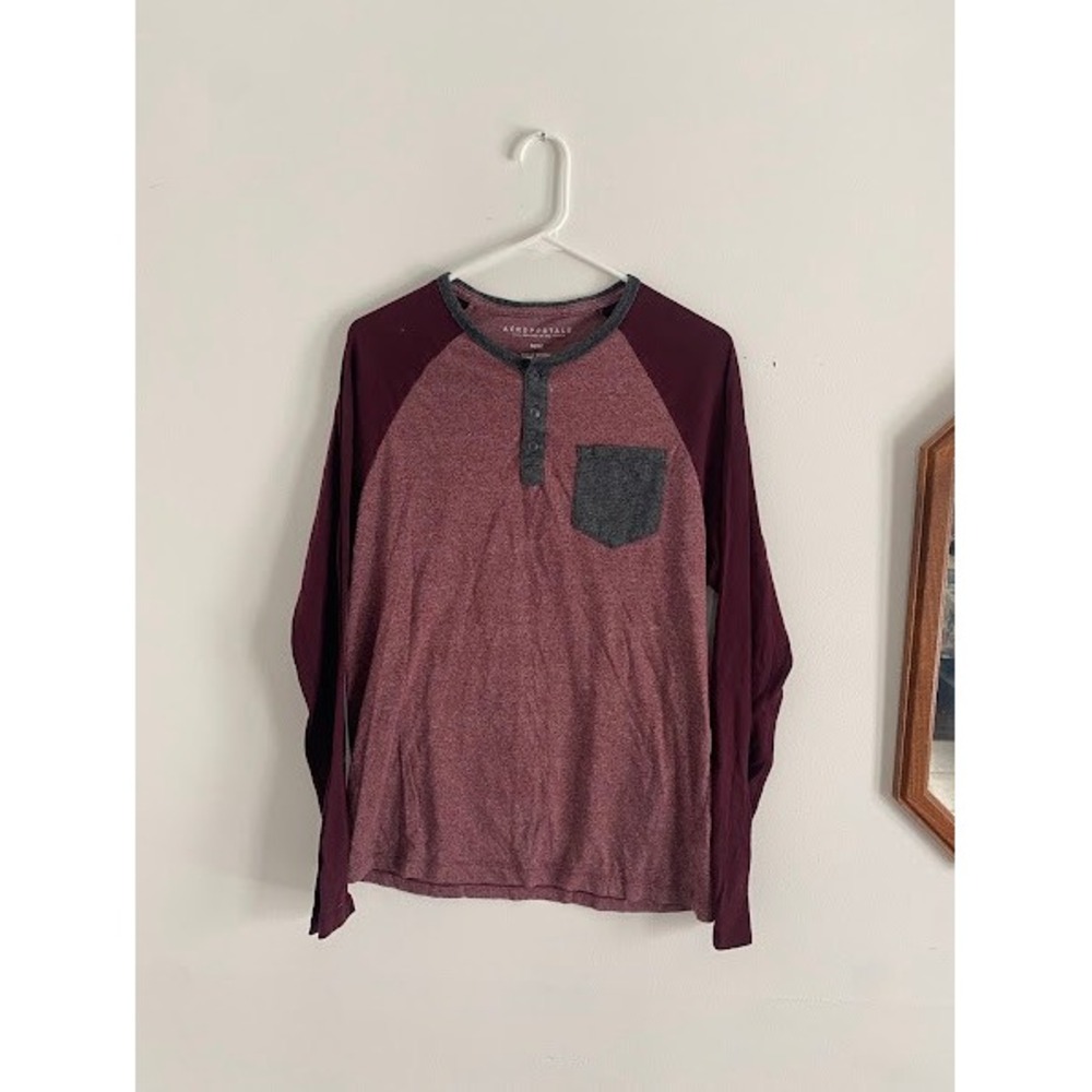 Aeropostale Mens Long Sleeve Henley Shirt Burgundy Heathered Colorblock Medium